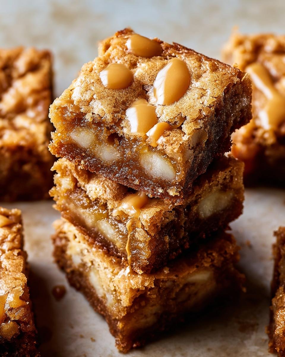 Gros plan d'une pile de blondies aux pommes et érable, nappés de caramel.