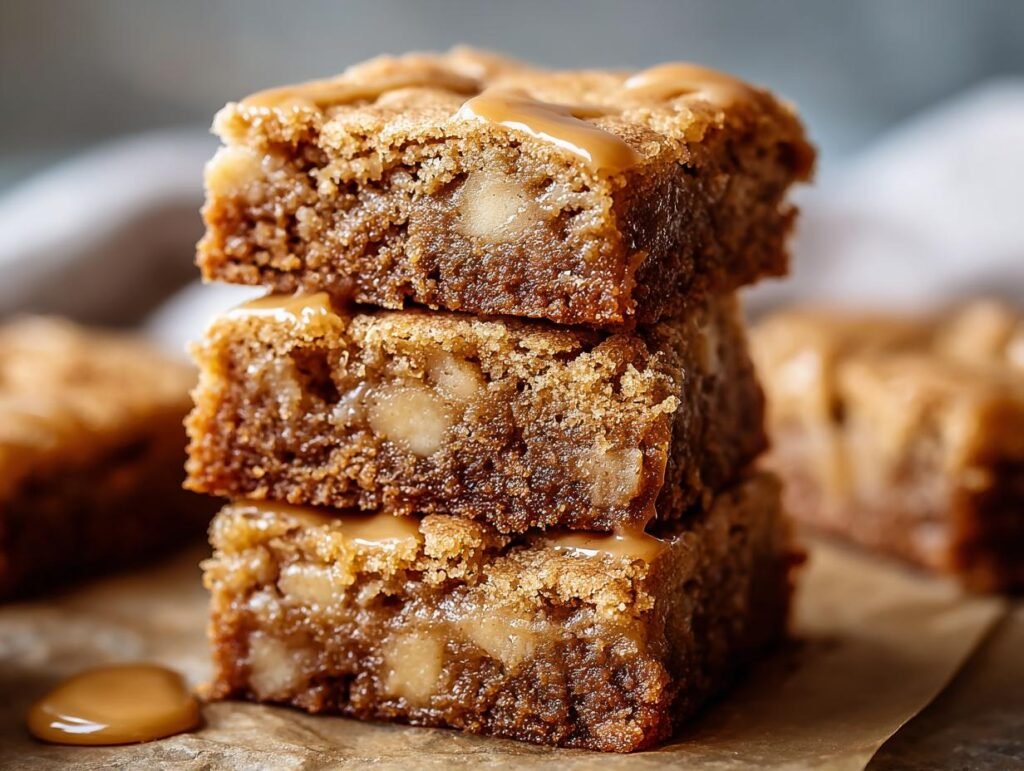 Gros plan sur une pile de blondies aux pommes et érable, nappés de sauce caramel.