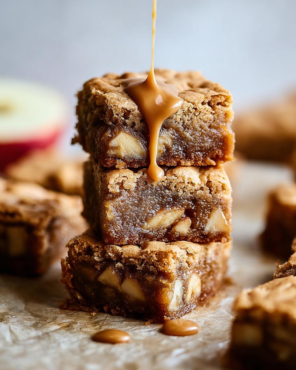 Gros plan de blondies aux pommes et érable empilés, nappés de sauce caramel.