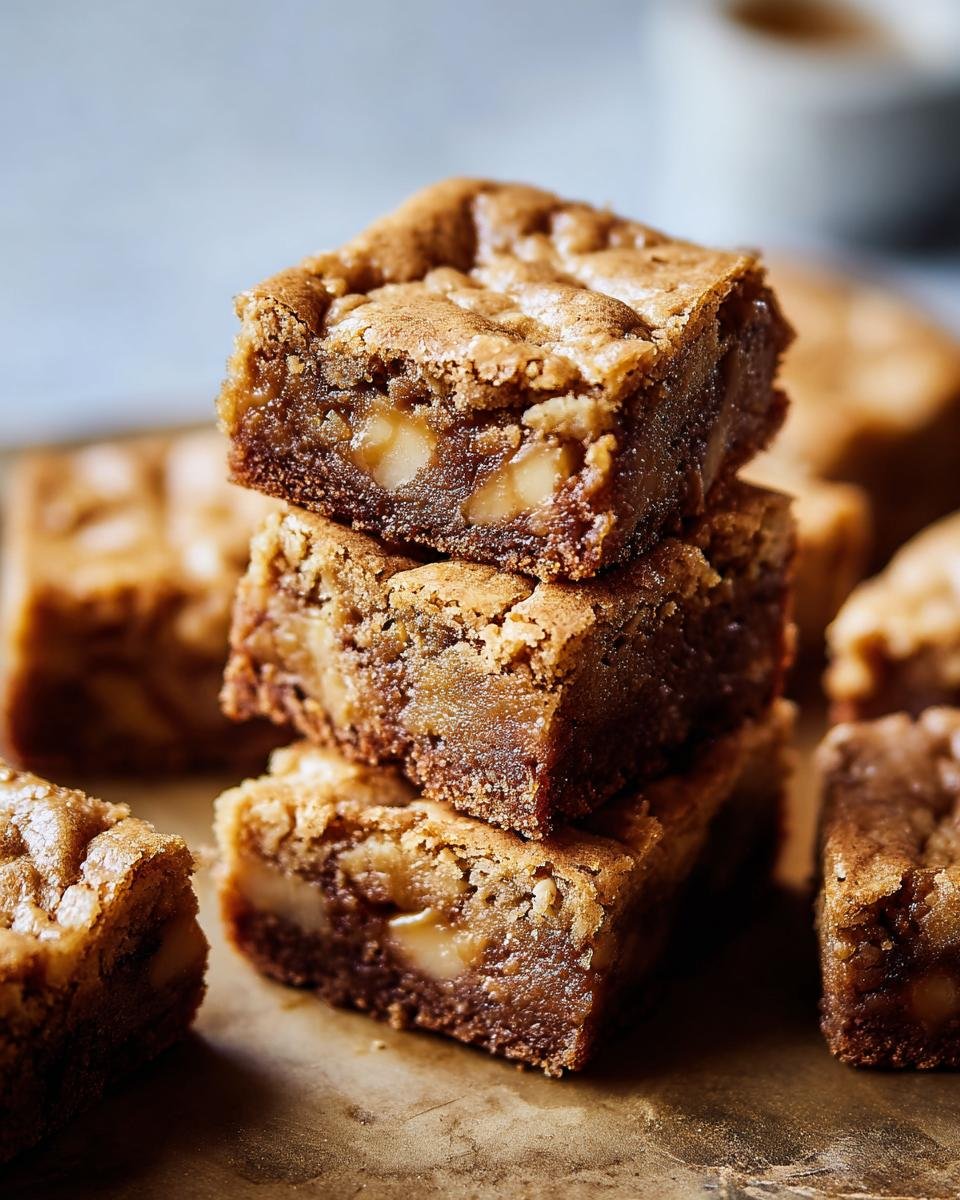 Gros plan d'une pile de blondies aux pommes et érable, avec des morceaux de pomme visibles.