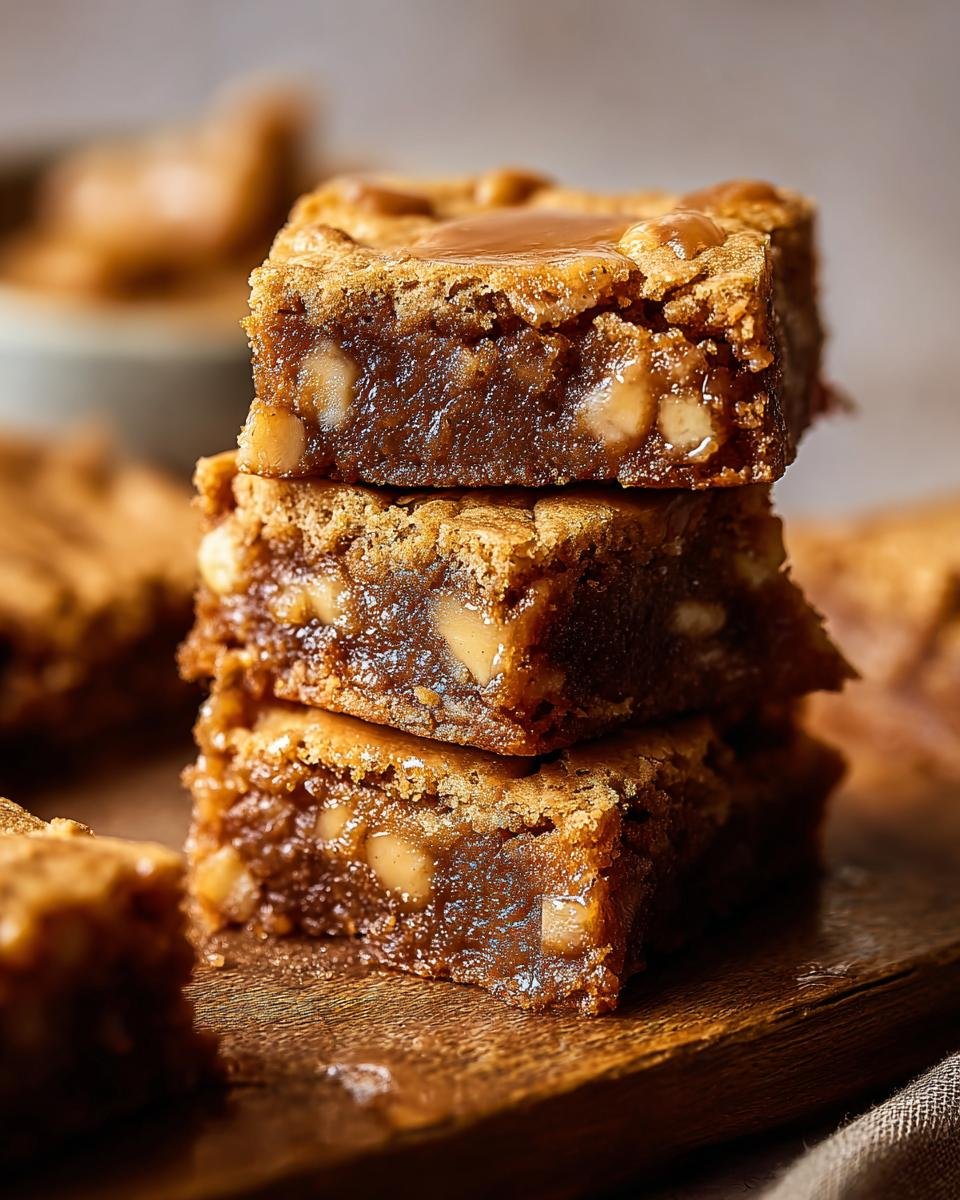 Pile de blondies aux pommes et érable, garnie d'un filet de caramel.