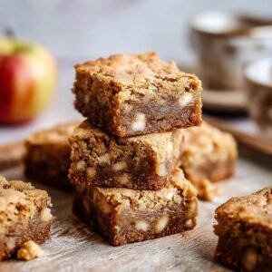 Gros plan sur une pile de blondies aux pommes et érable, parsemés de morceaux de fruits et de noix.