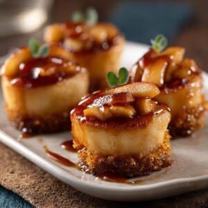 Gros plan sur des bouchées aux pommes caramélisées, garnies de morceaux de pommes et nappées de caramel.