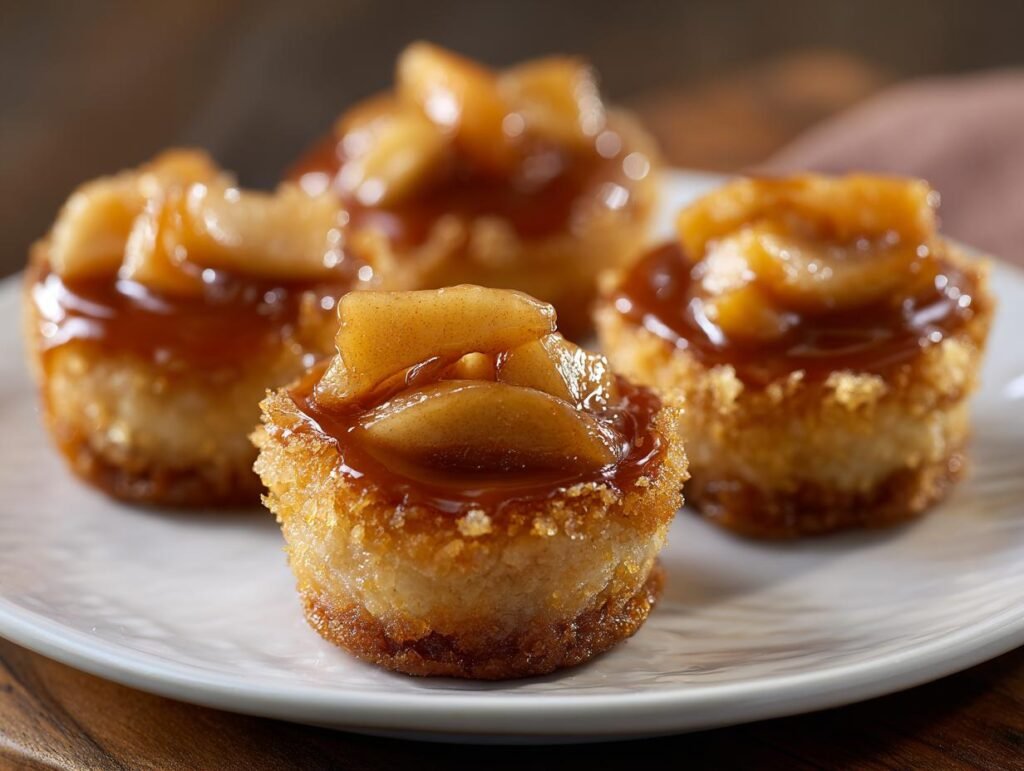 Gros plan sur des bouchées aux pommes caramélisées, garnies de morceaux de pommes et de sauce caramel.