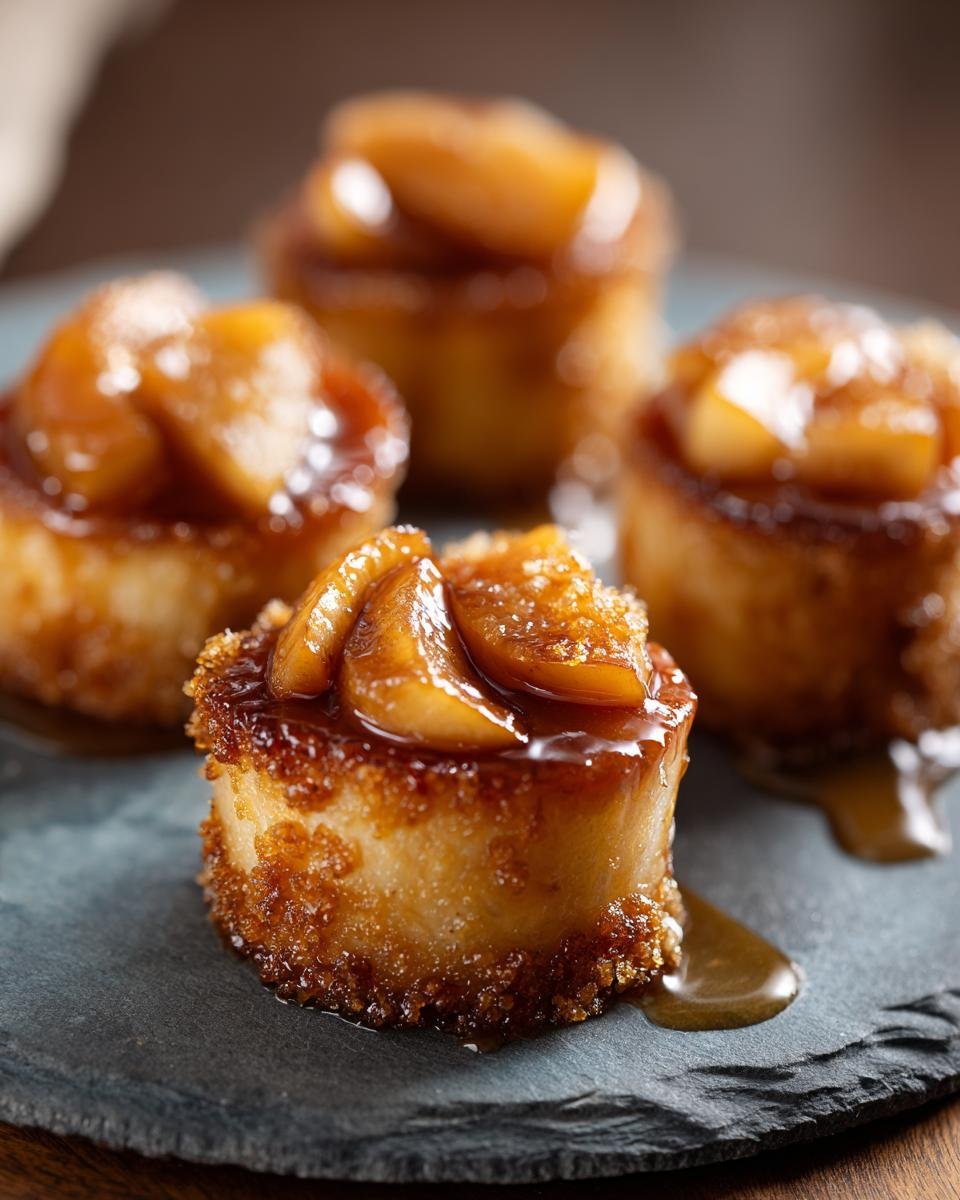 Gros plan sur des bouchées aux pommes caramélisées, garnies de fruits et nappées de sauce.