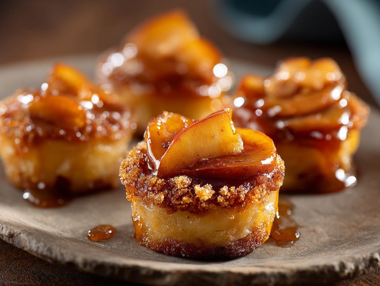 Gros plan sur des bouchées aux pommes caramélisées, garnies de morceaux de pommes et nappées de caramel.