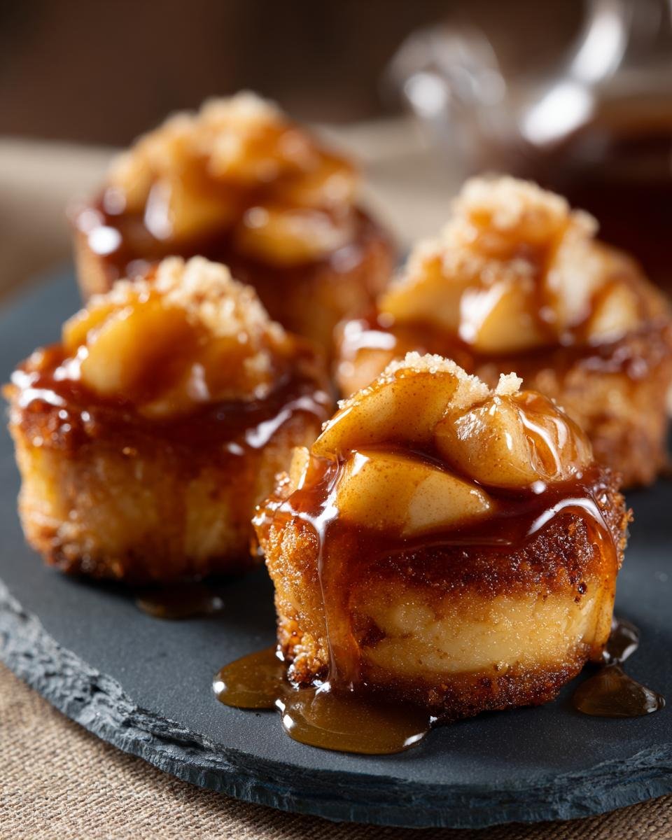 Gros plan sur des bouchées aux pommes caramélisées garnies de morceaux de pommes et nappées de sauce caramel.
