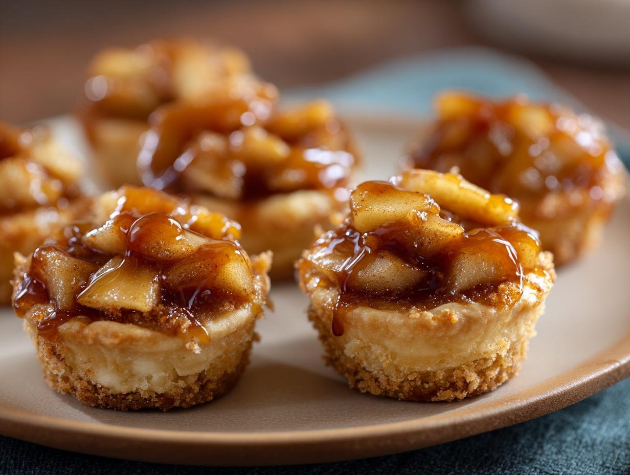 Gros plan sur des bouchées aux pommes caramélisées sur une assiette, avec une garniture généreuse de pommes et de caramel.