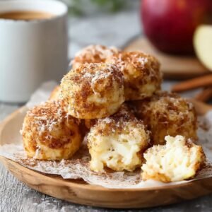 Gros plan sur des Bouchées Pomme Cannelle Cottage Cheese saupoudrées de cannelle et de noix de coco râpée.