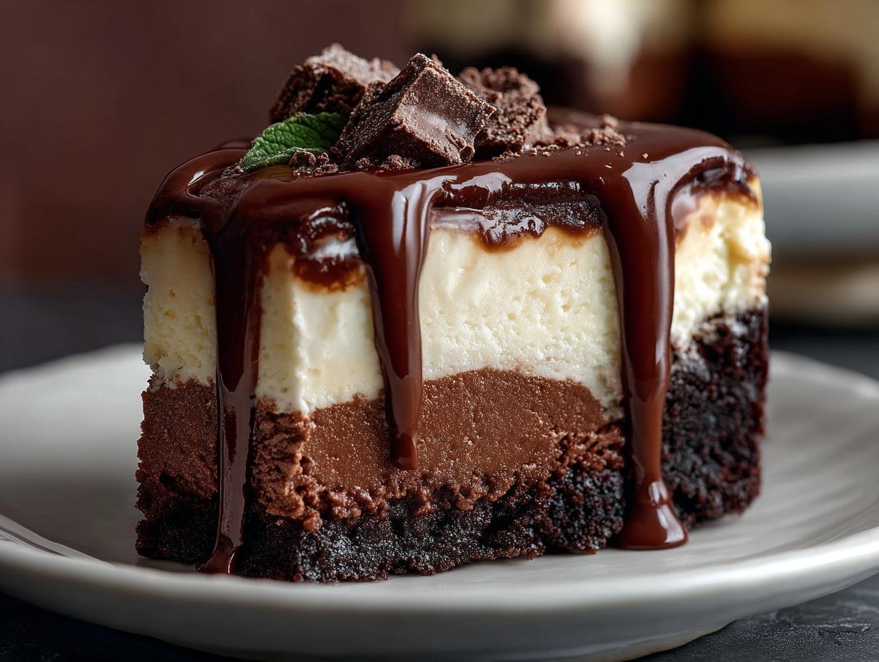 Gros plan d'une part de Brownie Cheesecake avec glaçage au chocolat et éclats de chocolat.