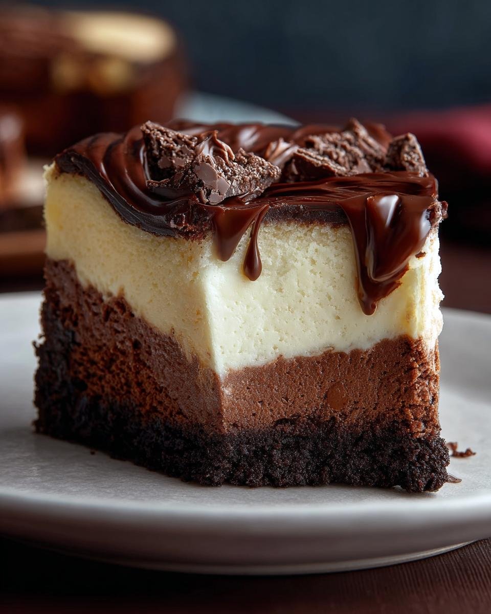 Gros plan d'une part de Brownie Cheesecake avec trois couches distinctes : brownie, chocolat et cheesecake, nappée de chocolat.