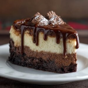 Gros plan d'une tranche de Brownie Cheesecake avec glaçage au chocolat et garniture.