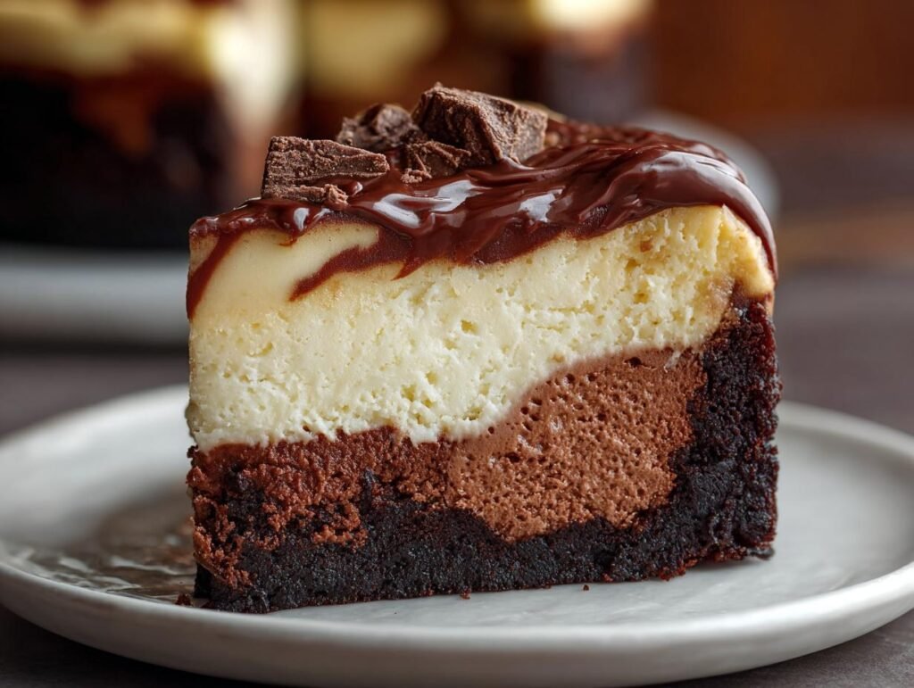 Gros plan d'une tranche de brownie cheesecake avec des couches de chocolat et de crème, garnie de chocolat.