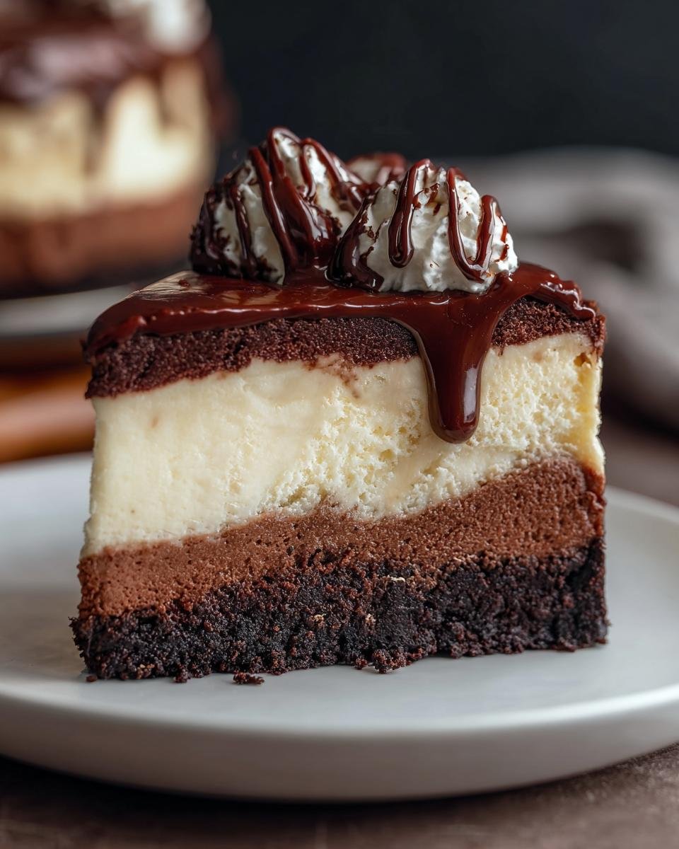 Gros plan d'une tranche de Brownie Cheesecake avec des couches de chocolat, de crème et garnie de chantilly et de sauce au chocolat.