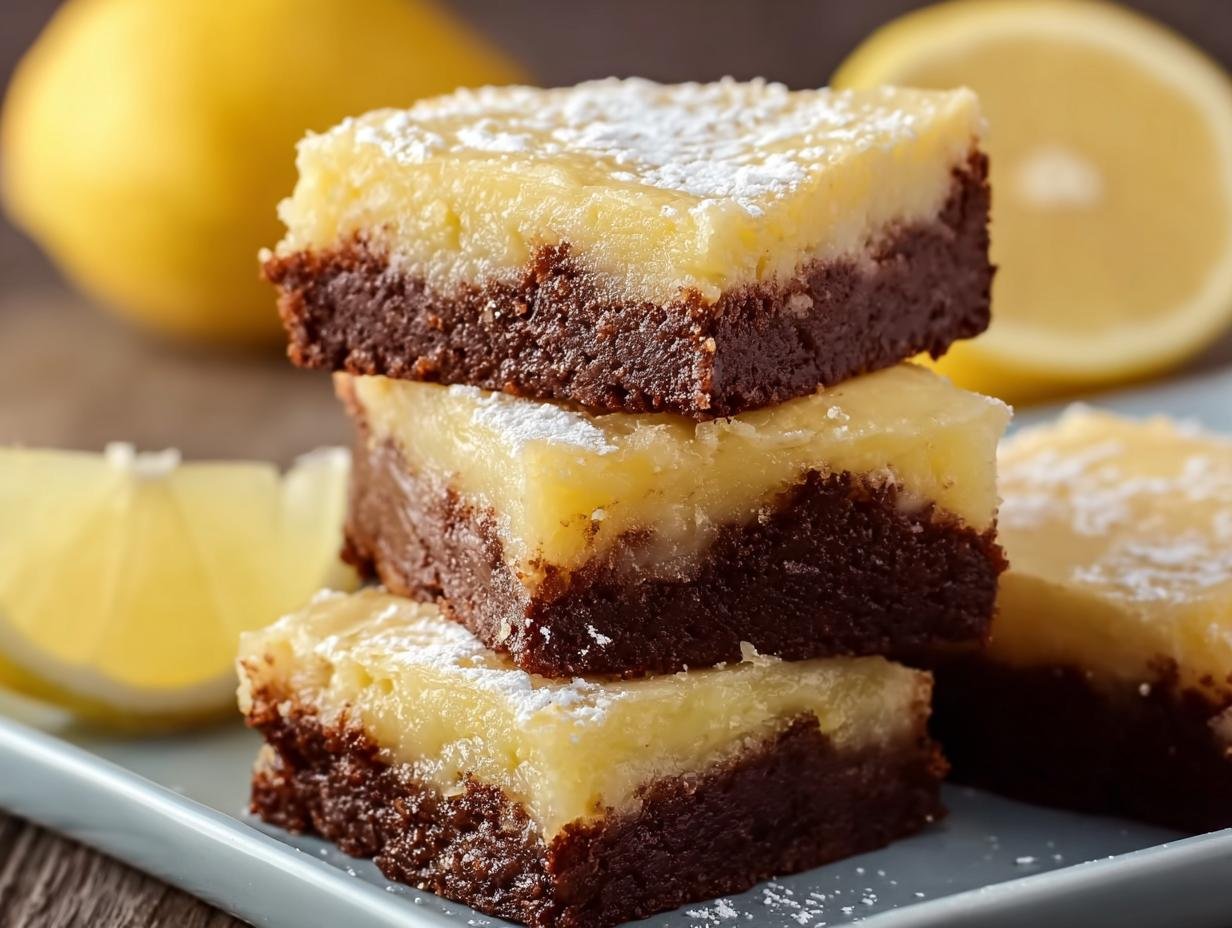 Gros plan sur des brownies au citron facile, empilés sur une assiette, avec des citrons en arrière-plan.