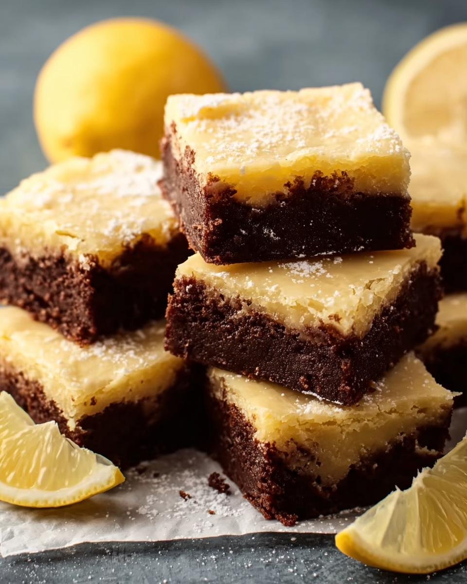 Gros plan sur des brownies au citron facile, empilés et saupoudrés de sucre glace, avec des citrons frais en arrière-plan.