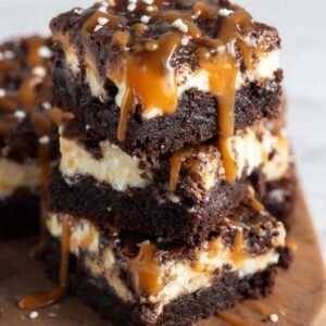 Gros plan de brownies cheesecake caramel empilés, nappés de sauce caramel dégoulinante.