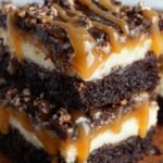 Gros plan de brownies cheesecake caramel empilés, arrosés de sauce caramel et de miettes croquantes.