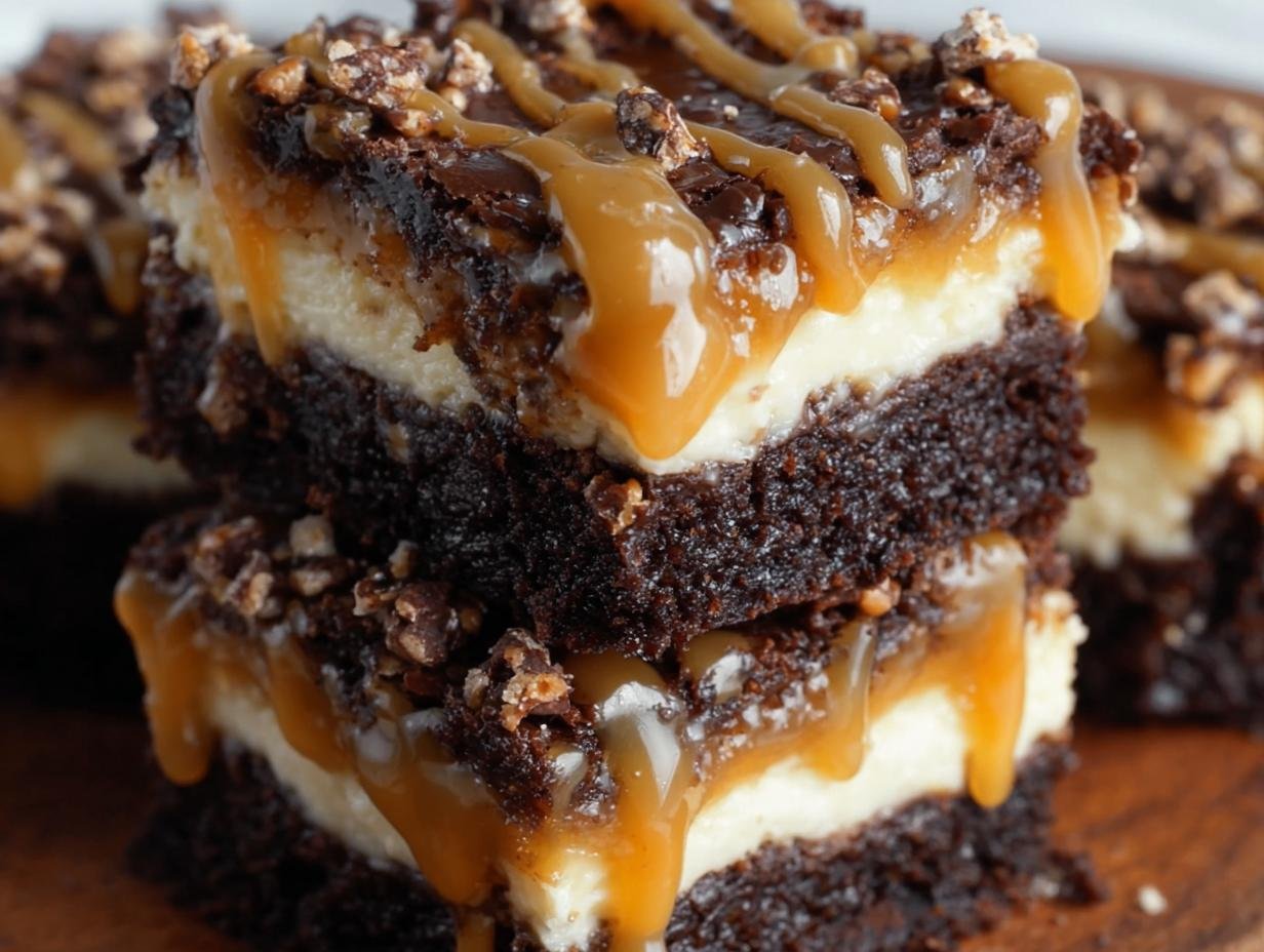 Gros plan de brownies cheesecake caramel empilés, arrosés de sauce caramel et de miettes croquantes.