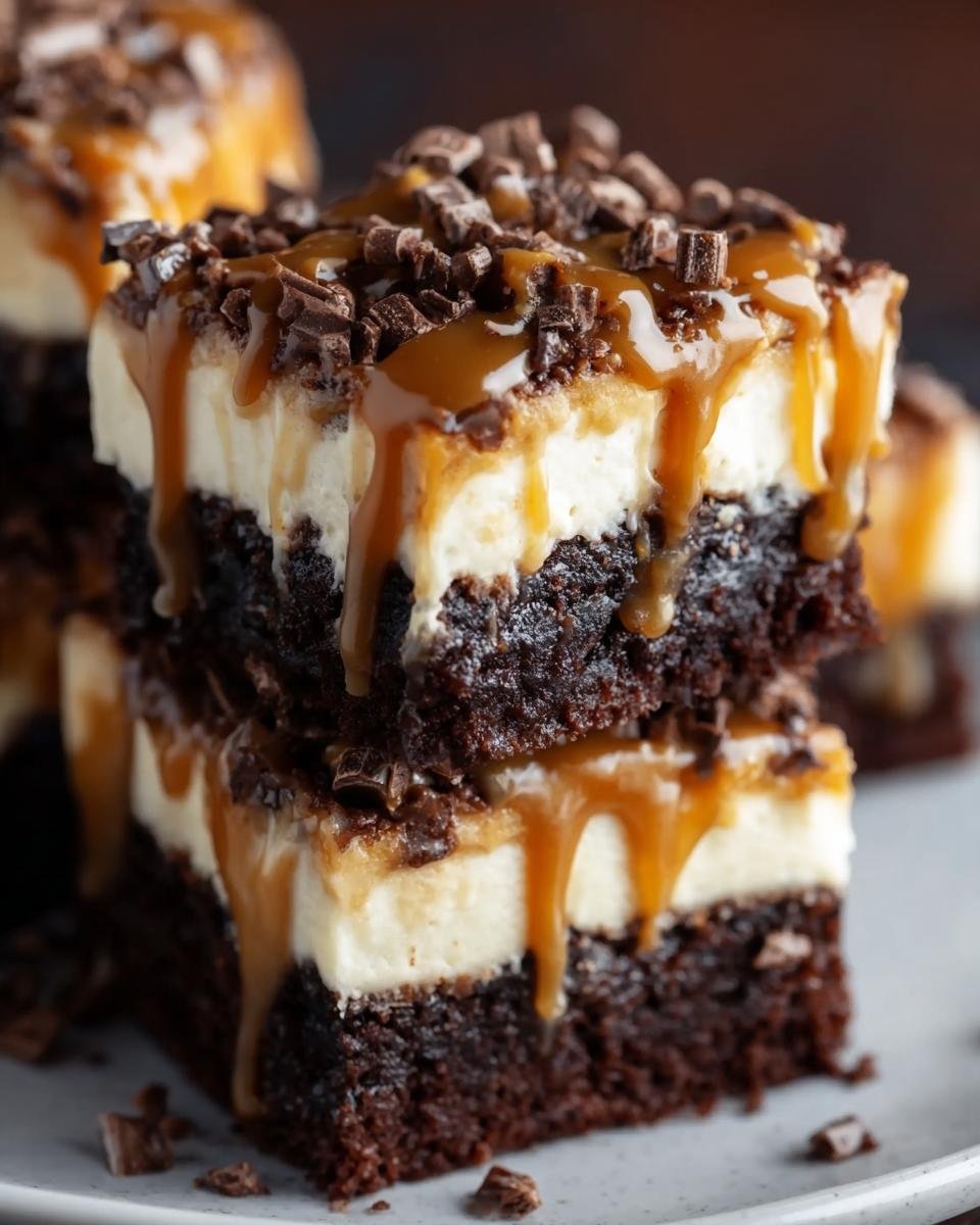 Gros plan sur des brownies cheesecake caramel empilés, nappés de sauce caramel et de pépites de chocolat.