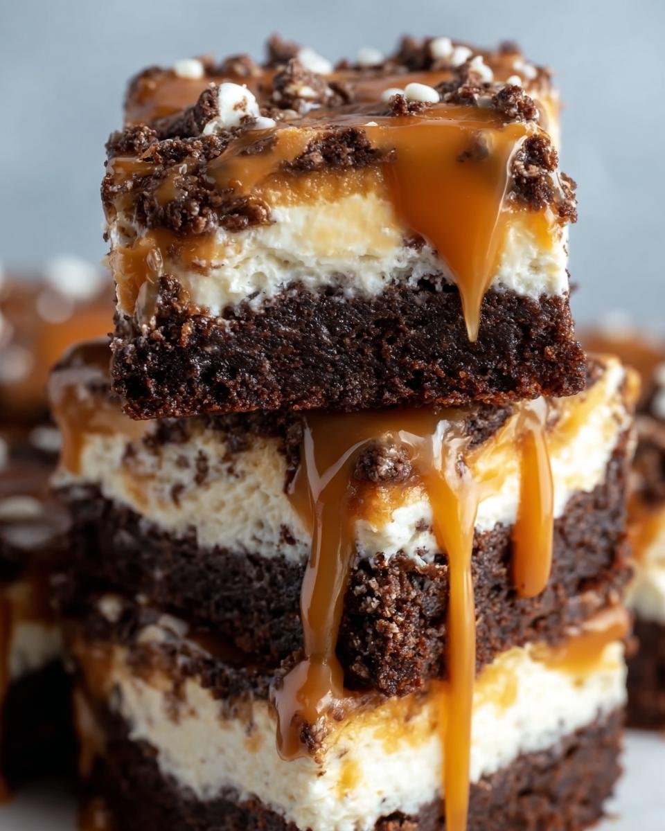 Gros plan de brownies cheesecake caramel empilés, nappés de sauce caramel coulante.