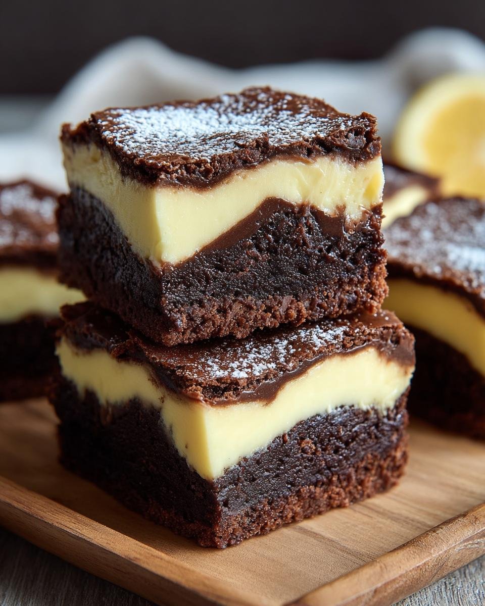 Gros plan de deux brownies cheesecake facile empilés, saupoudrés de sucre glace.