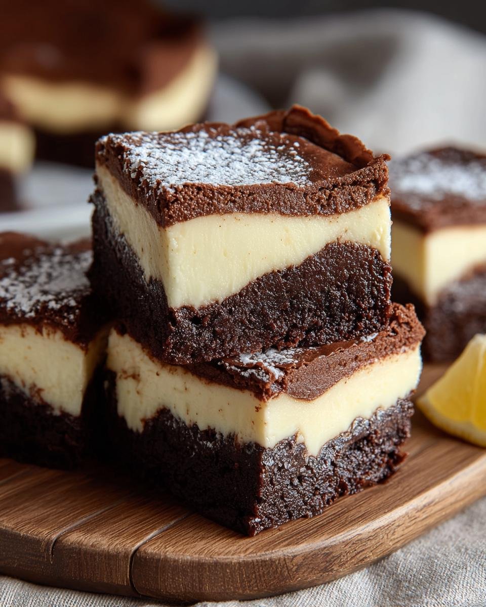 Gros plan sur des carrés de Brownies Cheesecake Facile, superposés, saupoudrés de sucre glace.