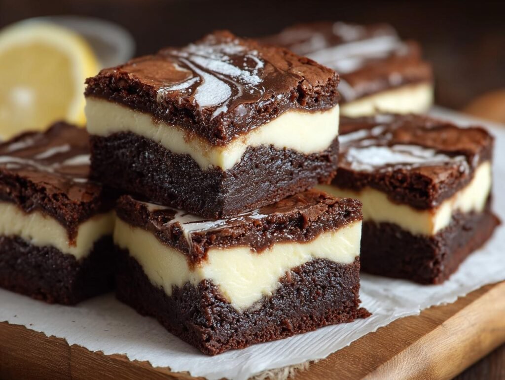 Gros plan de brownies cheesecake facile, avec une couche de brownie au chocolat et une couche crémeuse de cheesecake.