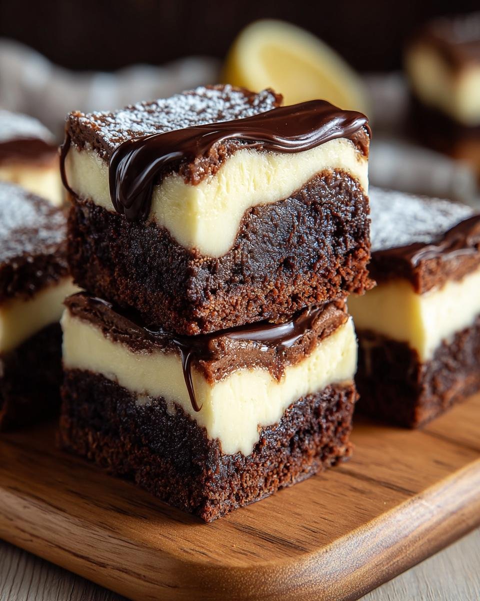 Gros plan sur des brownies cheesecake facile empilés, nappés de chocolat et saupoudrés de sucre glace.