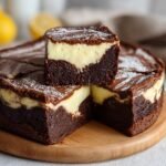 Gros plan sur une tranche de Brownies Cheesecake Facile, avec une couche de brownie au chocolat et une couche crémeuse de cheesecake.