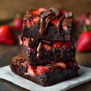Pile de brownies au chocolat et fraises, nappés de chocolat fondu et garnis de morceaux de chocolat.
