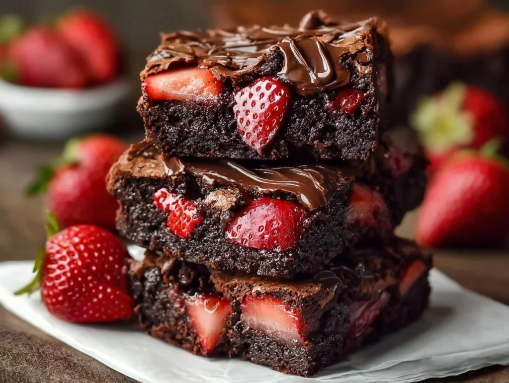 Gros plan sur une pile de brownies au chocolat et fraises, dégoulinant de chocolat fondu.