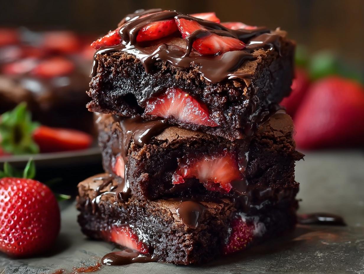 Gros plan sur une pile de brownies au chocolat et fraises, arrosés de sauce au chocolat.