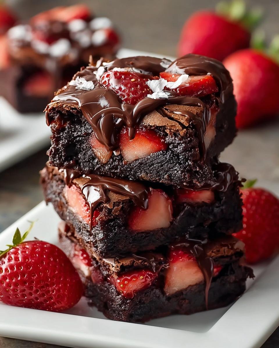 Gros plan sur une pile de brownies au chocolat et fraises, nappés de chocolat fondu et décorés de fraises fraîches.
