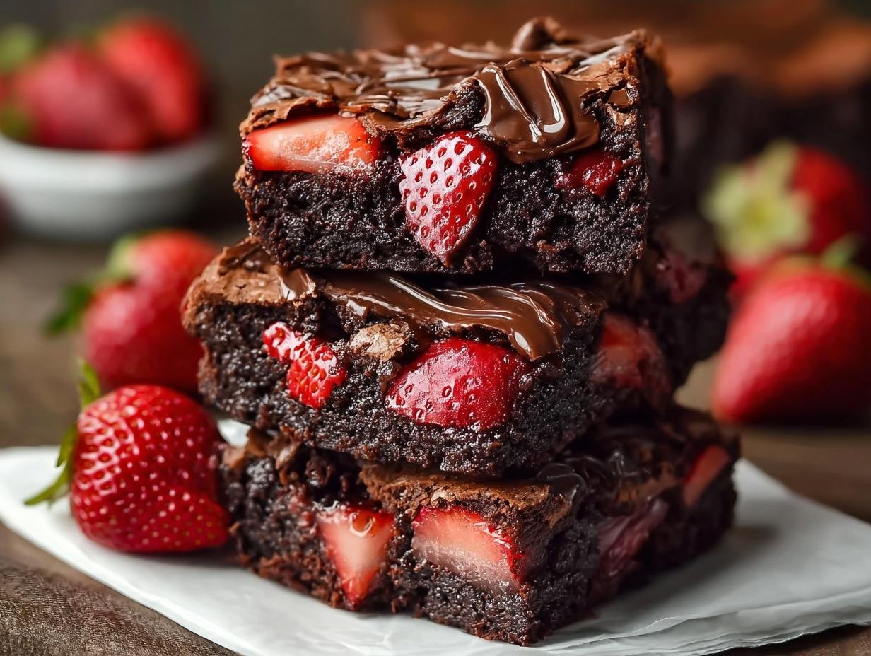 Gros plan sur une pile de brownies au chocolat et fraises, dégoulinant de chocolat fondu.