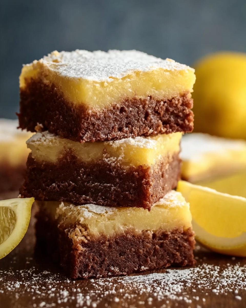 Pile de 3 brownies au citron facile, saupoudrés de sucre glace, avec des quartiers de citron en arrière-plan.