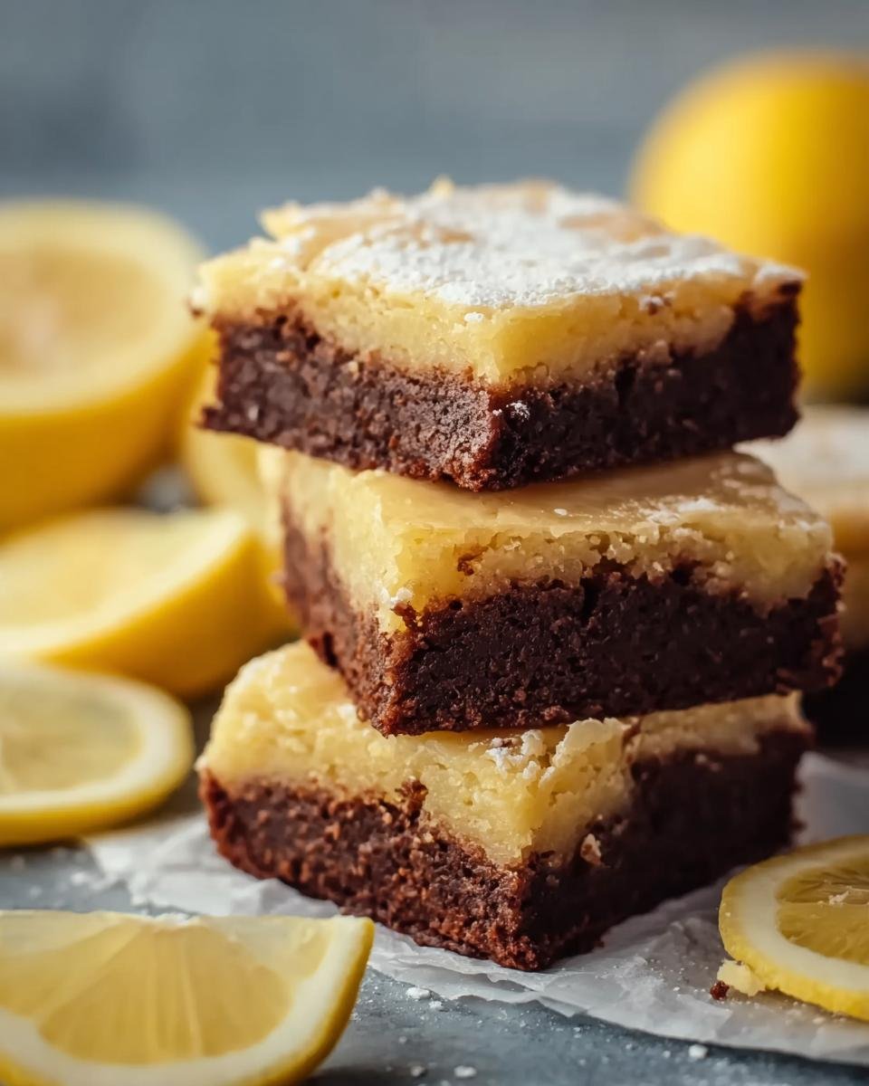Gros plan sur des brownies au citron facile empilés, saupoudrés de sucre glace, avec des citrons frais en arrière-plan.