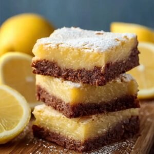 Gros plan de brownies au citron facile empilés, saupoudrés de sucre glace, avec des citrons frais en arrière-plan.