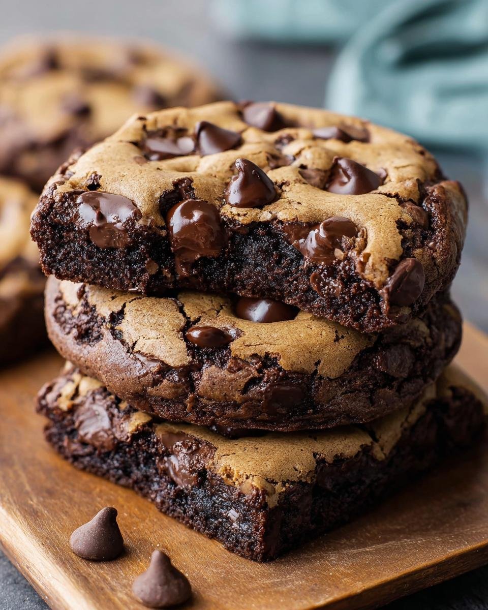 Gros plan sur une pile de brownies cookies aux pépites de chocolat, avec des pépites de chocolat fondantes.