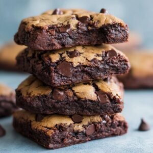 Gros plan d'une pile de Brownies Cookies Pépites de Chocolat, avec des pépites de chocolat fondantes.