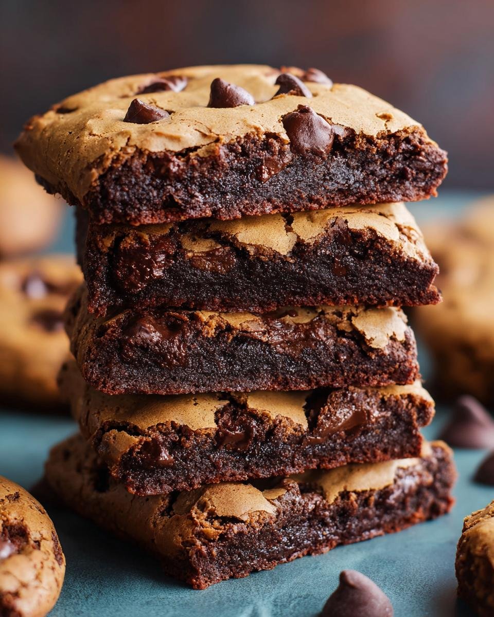 Gros plan d'une pile de brownies cookies aux pépites de chocolat, avec des pépites de chocolat fondues visibles.