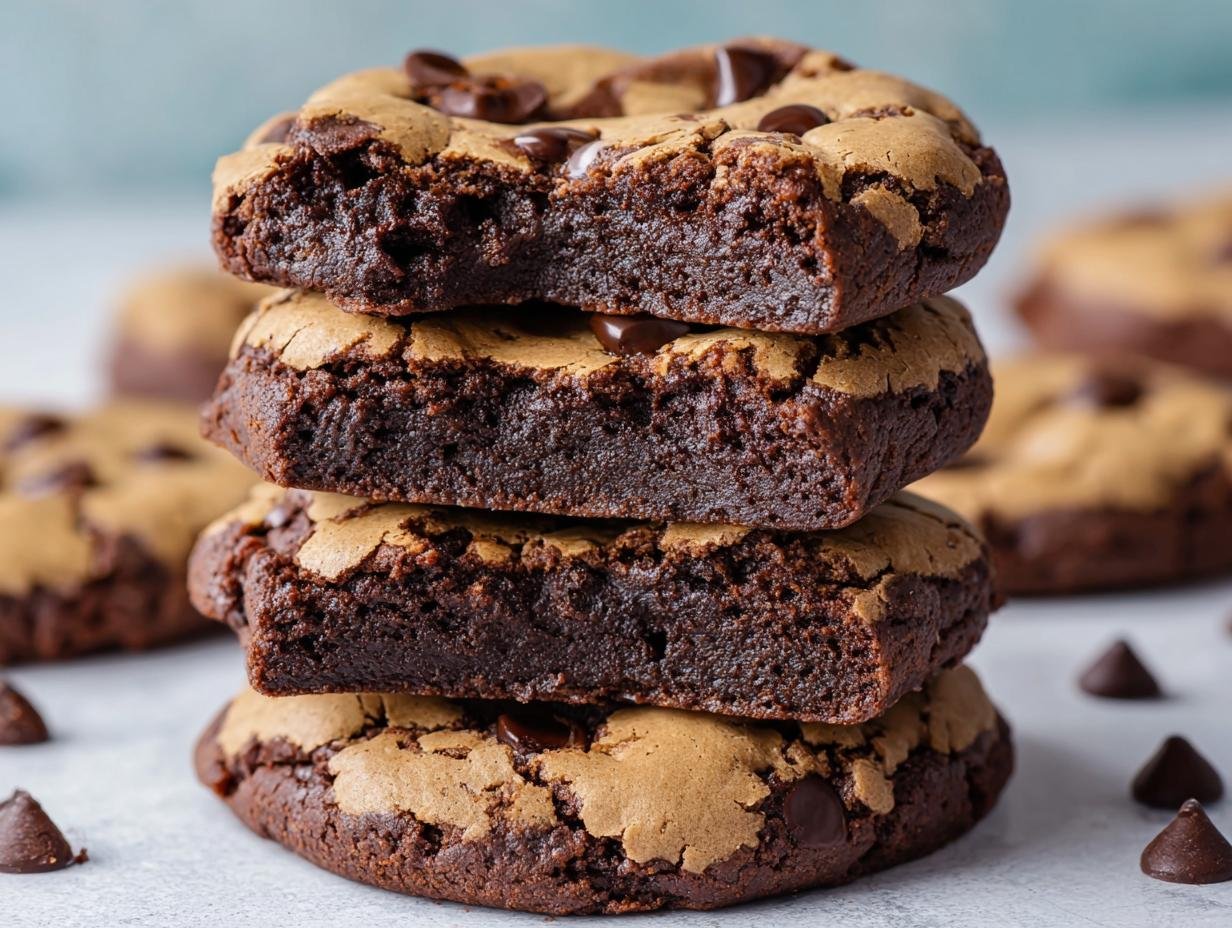 Gros plan d'une pile de Brownies Cookies Pépites de Chocolat, montrant leur texture moelleuse et leurs pépites de chocolat.