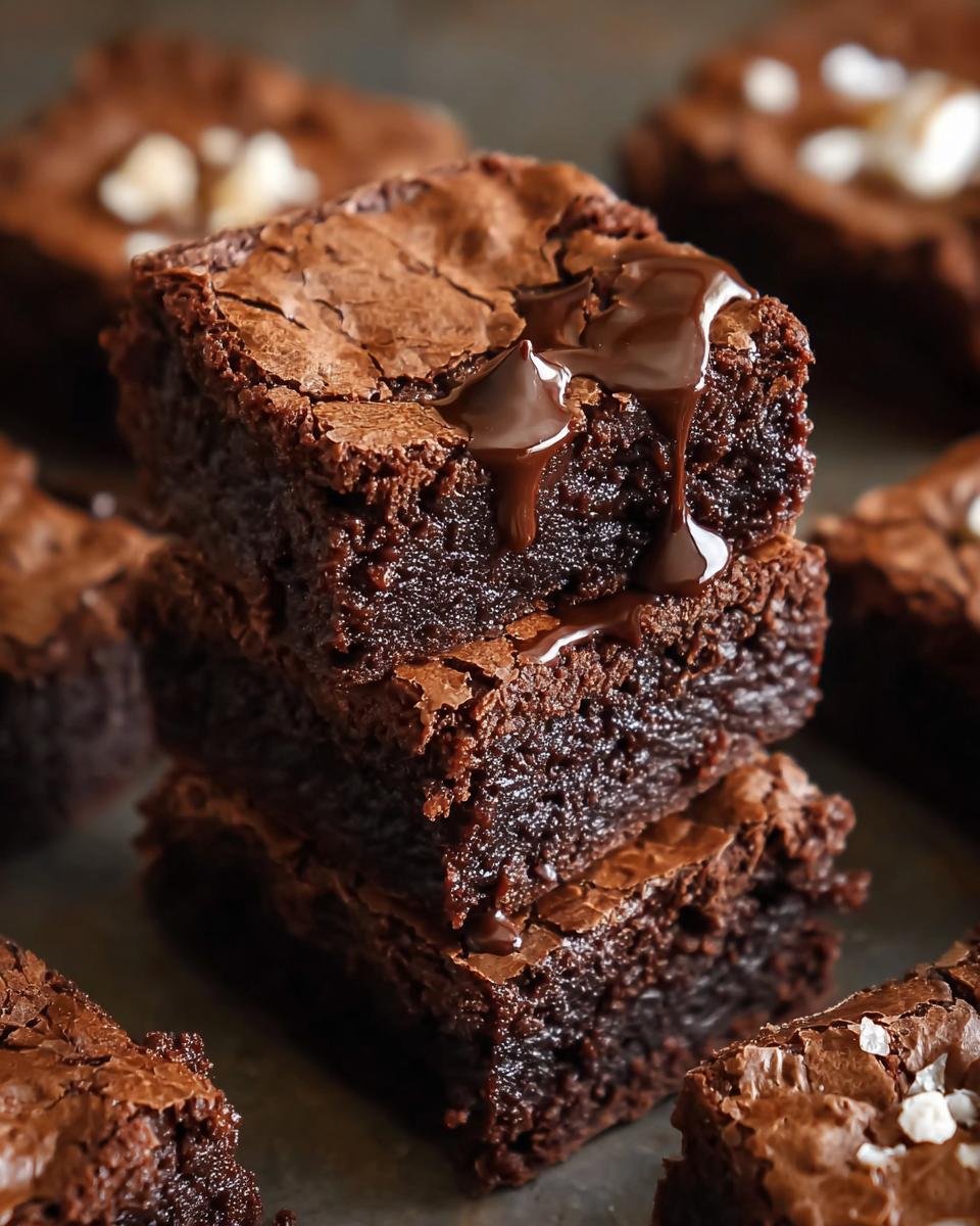 Gros plan sur une pile de brownies fondants au chocolat, avec du chocolat fondu dégoulinant.