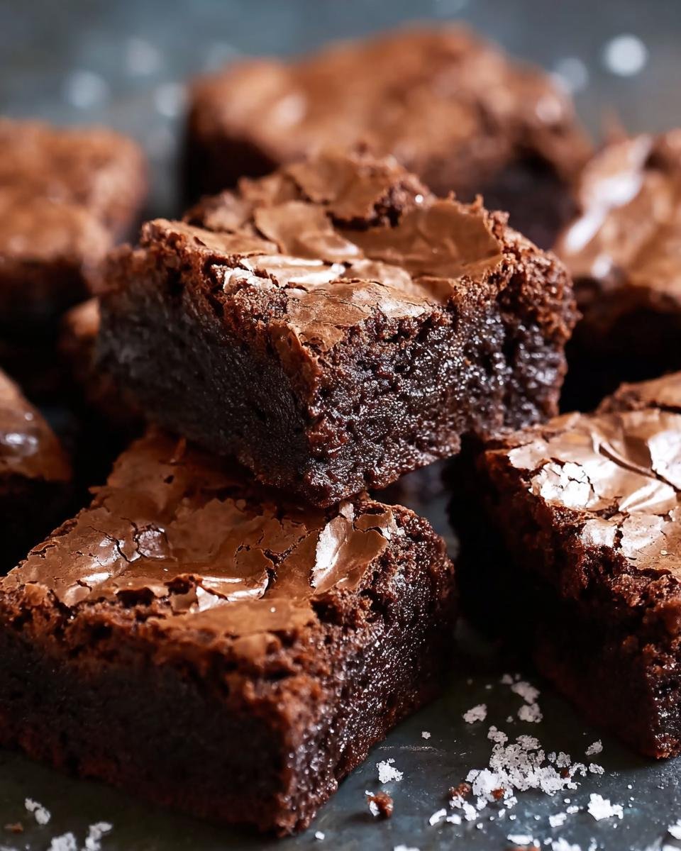 Gros plan sur des brownies fondants au chocolat, avec leur surface craquelée et leur texture moelleuse.