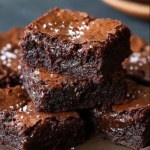 Gros plan sur des brownies fondants au chocolat, parsemés de cristaux de sel.