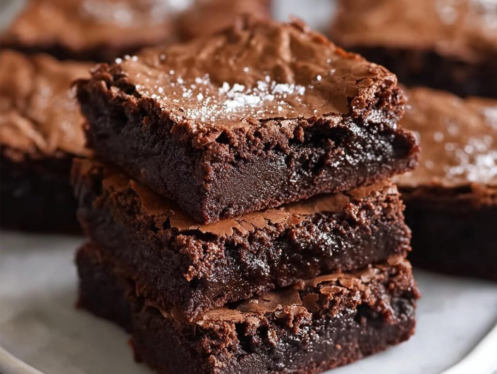 Gros plan sur une pile de brownies fondants au chocolat, saupoudrés de sucre glace.