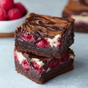 Gros plan sur des brownies framboise marbré empilés, révélant des framboises juteuses et un cœur marbré au chocolat.