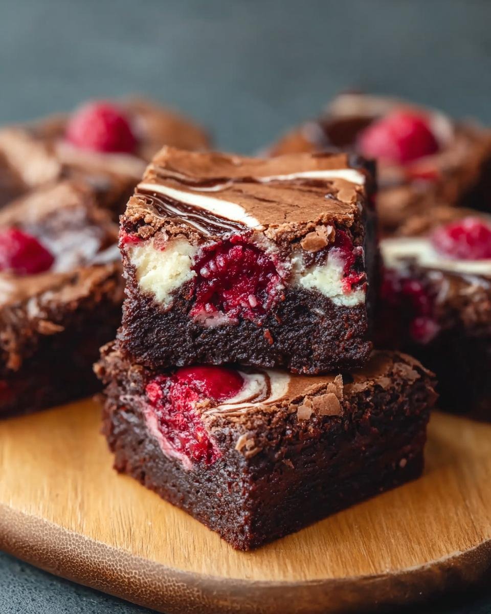 Gros plan de brownies framboise marbré avec des framboises fraîches et un tourbillon de chocolat blanc.