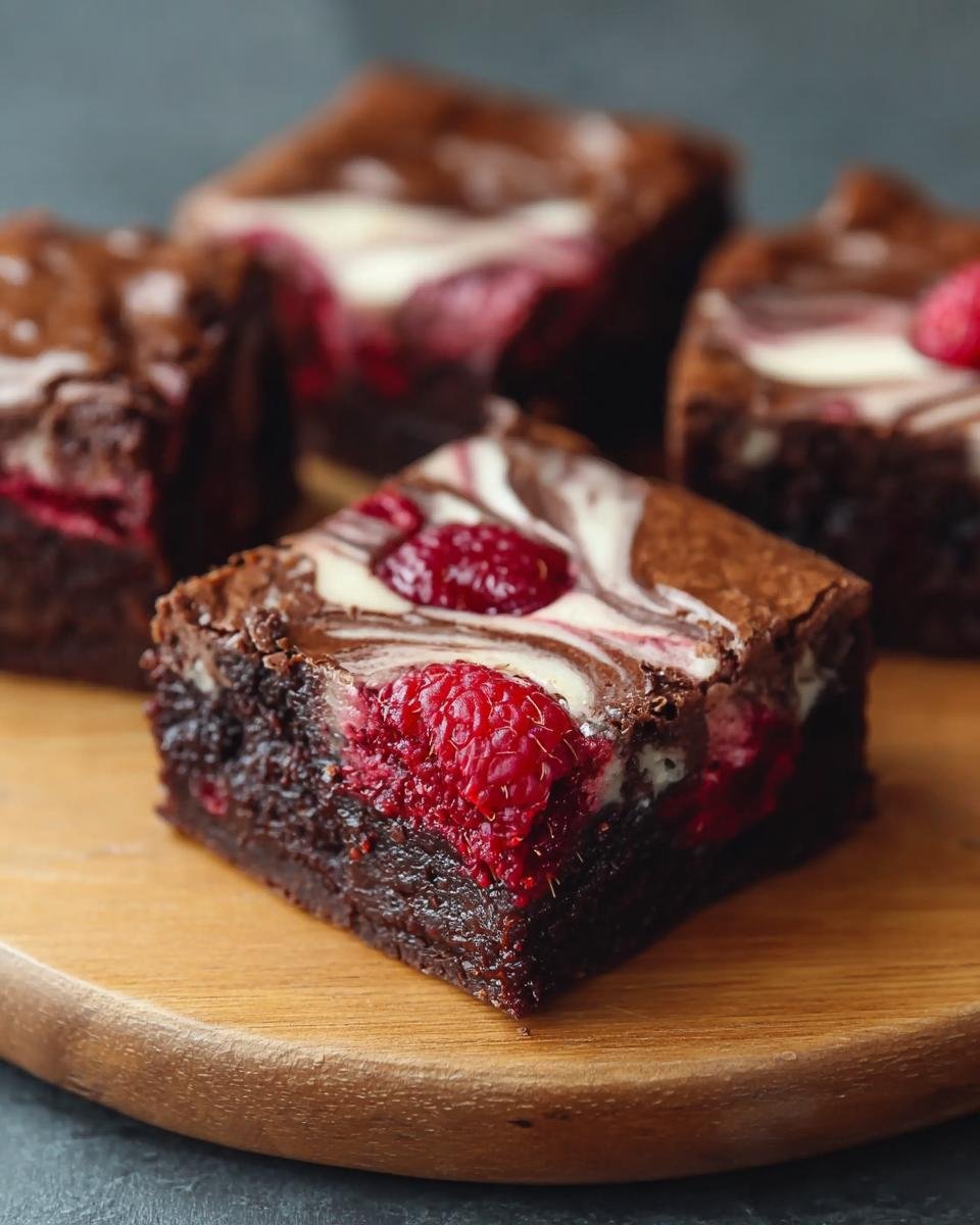 Gros plan sur un brownie framboise marbré avec des framboises fraîches et un tourbillon de glaçage.