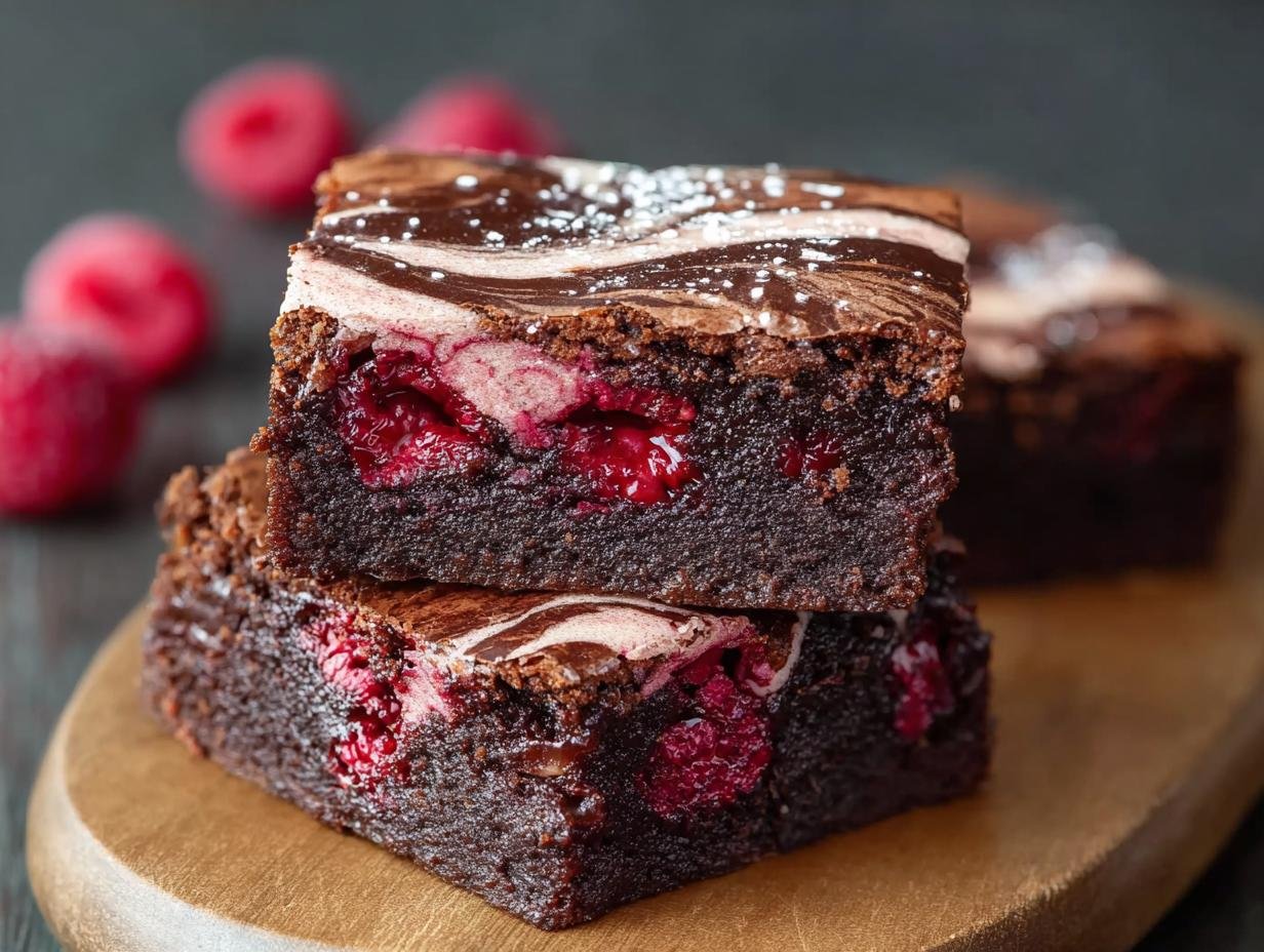 Gros plan sur deux brownies framboise marbré empilés, révélant des morceaux de framboises juteuses.